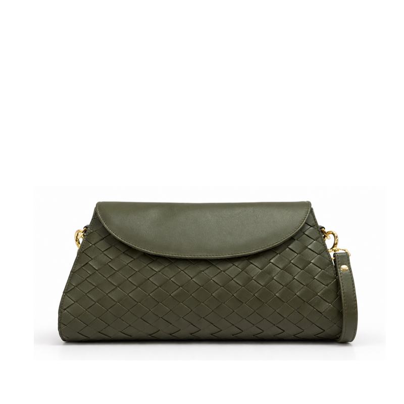 Woven Leather Shoulder Bag - Forest Green