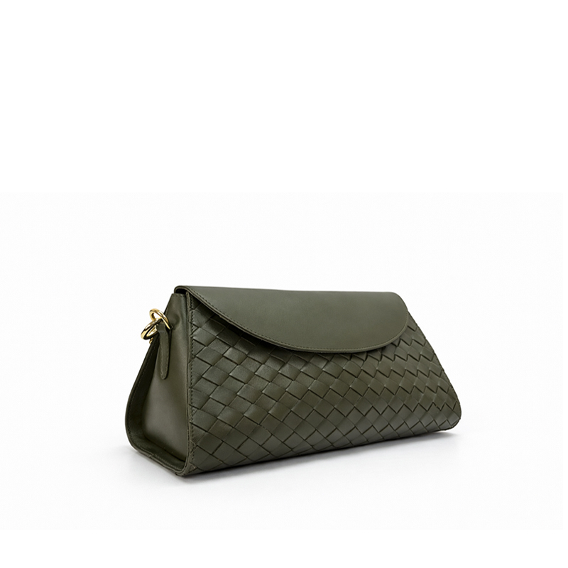 Woven Leather Shoulder Bag - Forest Green