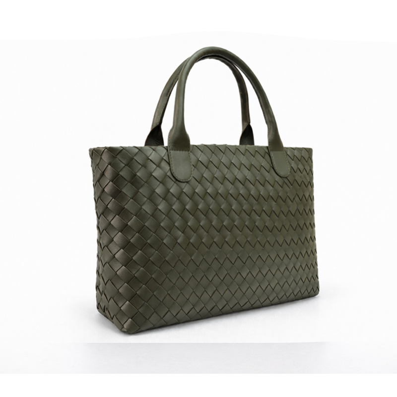 Woven Leather Tote Bag - Forest Green