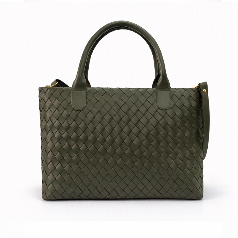 Woven Leather Tote Bag - Forest Green